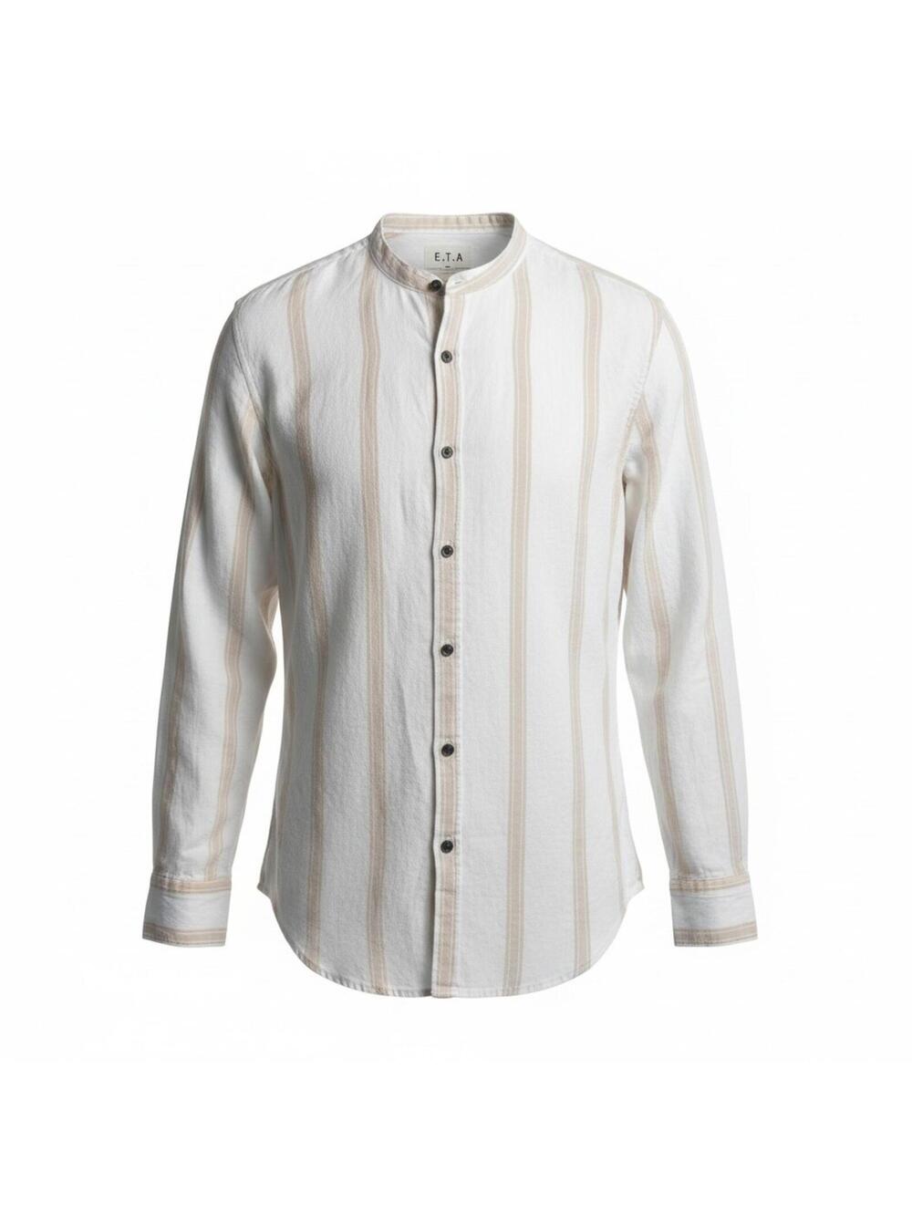 Striped Band Collar Resort Shirt M Mandarin Collar Coastal